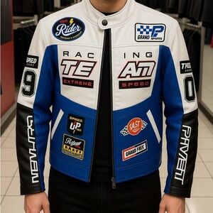 Leather Racing Jacket - White, Blue, and Black